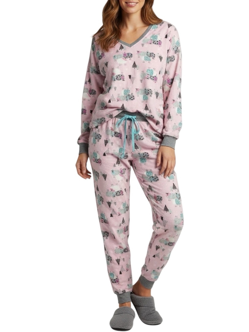 CUDDL DUDS Cozy X-Mas Dog Print Themed Pajama Set in Pink/Gray Size L -- SO CUTE